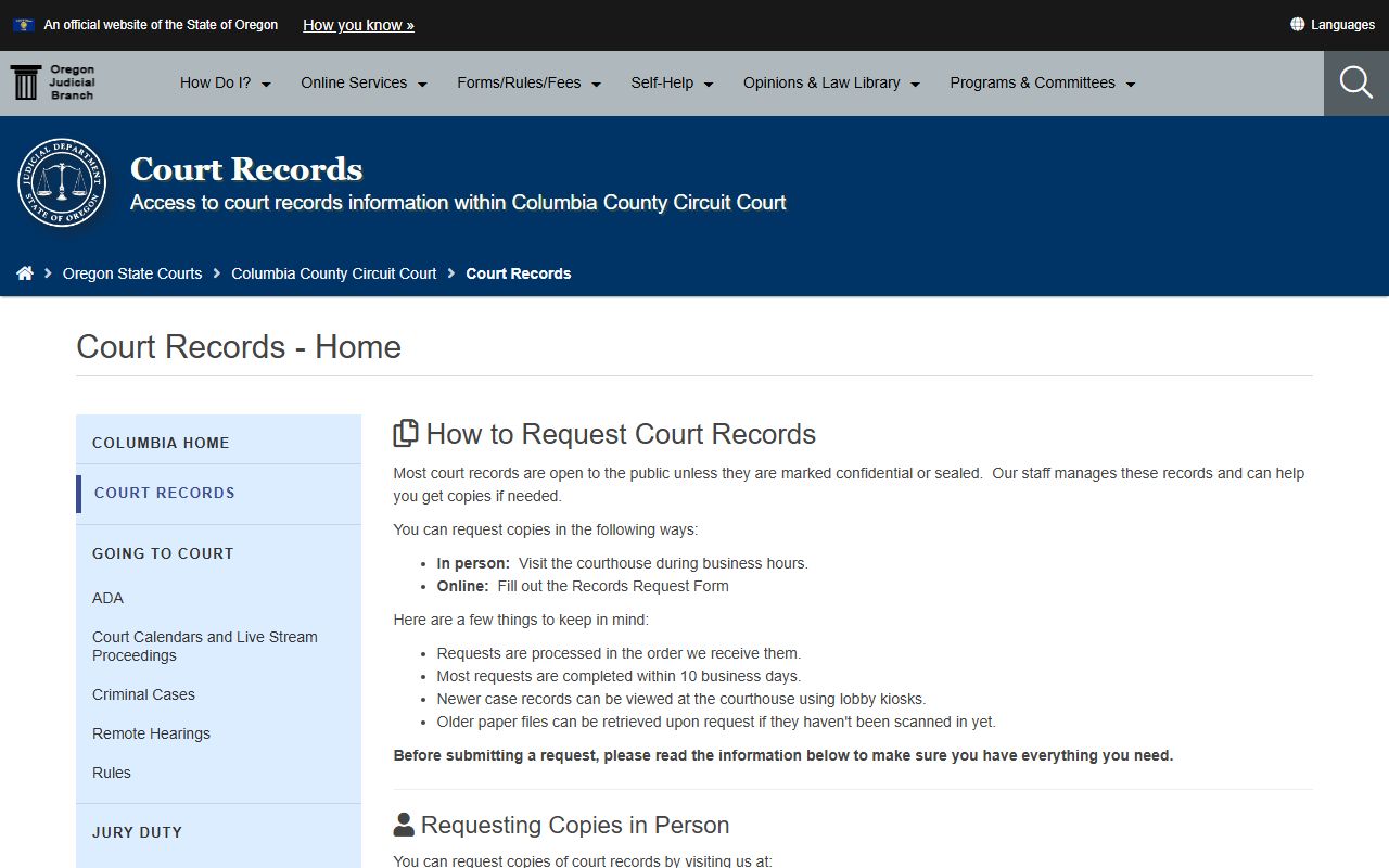 Columbia County criminal records court page