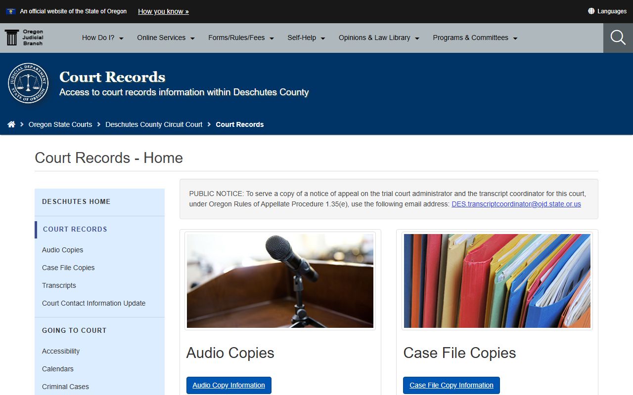 Deschutes County criminal records court page