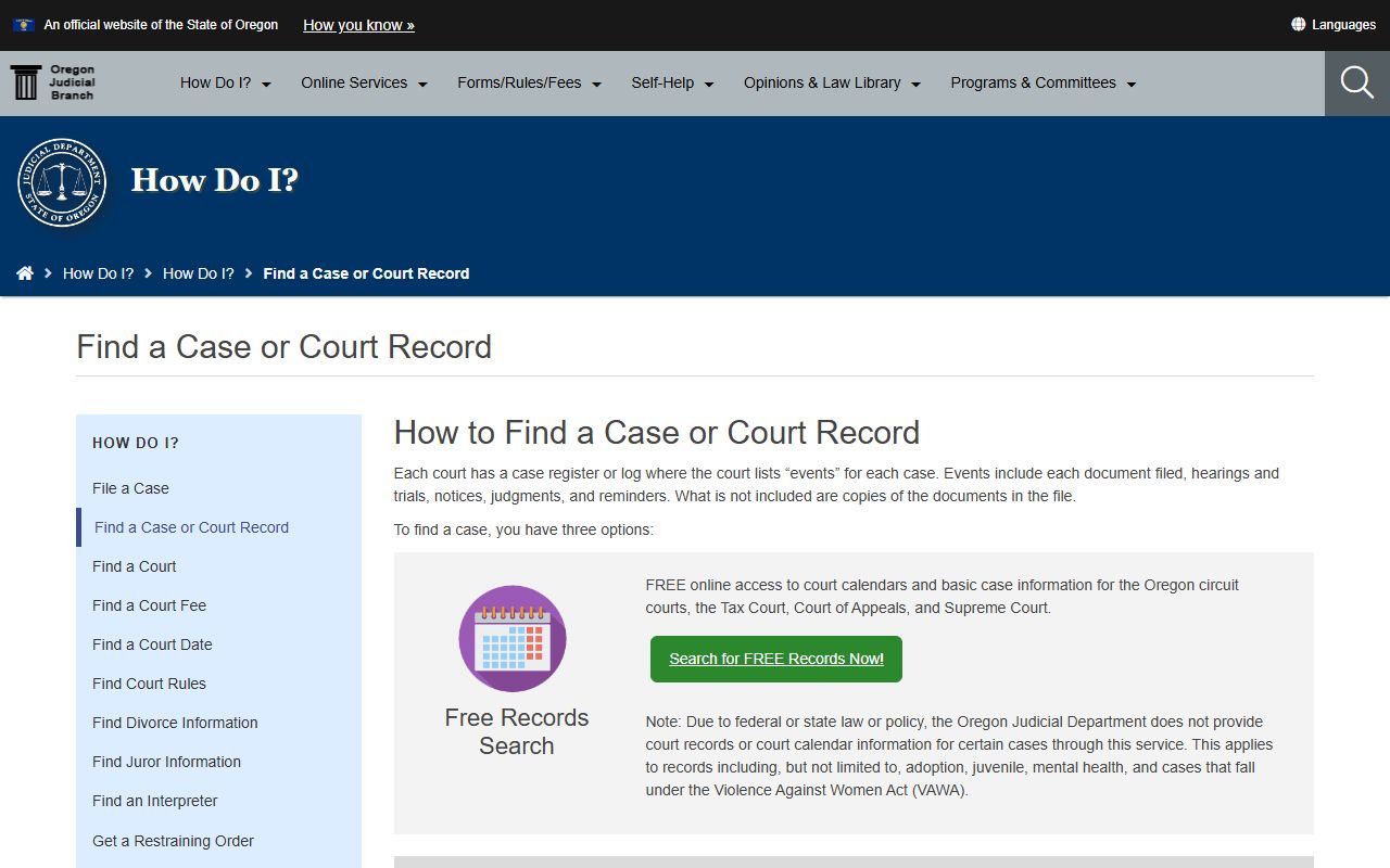 Oregon Judicial Department find a case criminal records search