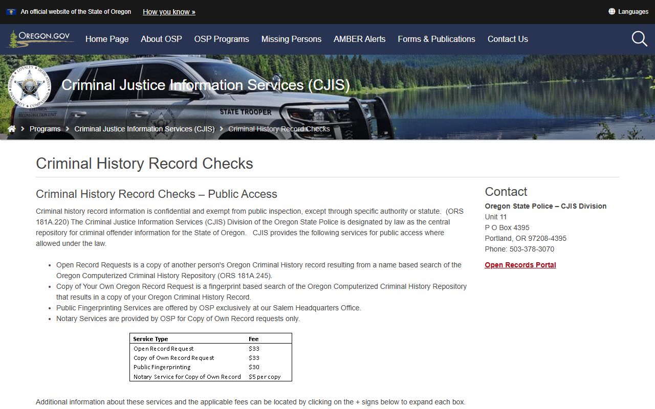 Oregon State Police CJIS Division criminal records check page